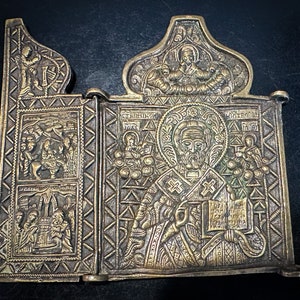 Antike Ikone, Heiliger Nikolaus, Wundertäter, Skladen, Reliquie aus Bronze, Zaristische Ära Ikone, Russisches Reich Messing Ikone, Kirchen Artefakte