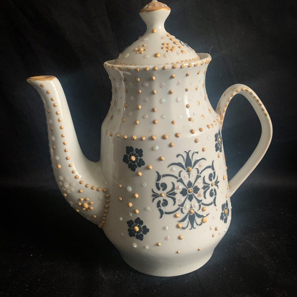 Beautiful Vintage designed TEAPOT.  Black ornaments and gold dots. Rare Porcelain Retro Tea or Coffee Pot from middle of 20 century.