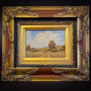 Russische Ölgemälde, Viktor Bolshakov herausgegeben in den 90er Jahren, frühe russische Kunst nach der UdSSR, Holzrahmen, Ölkarton Leinwand Kunst der Wiese, Natur.