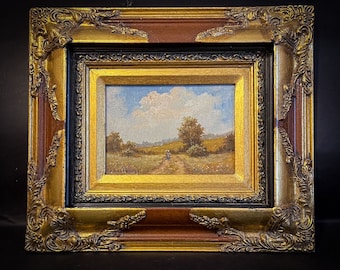 Russian Oil Painting, Viktor Bolshakov issued in 90s, Early post USSR Russian Art, Wooden Frame, Oil Cardboard Canvas Art of Meadow, Nature.