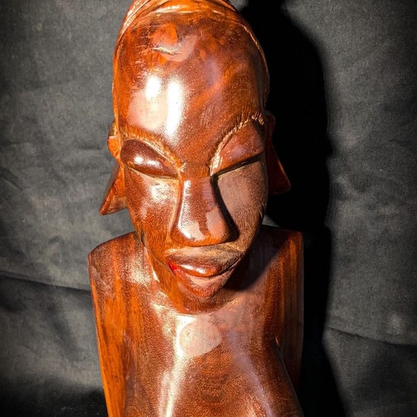 Large African Wooden Statue made in 1960. Fulani woman Bust. Authentic Vintage Statue of Mali Woman. Large and Heavy Fulani African Figure.