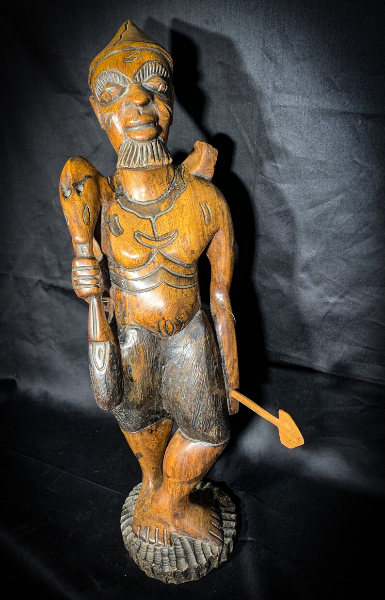 Wooden Zulu Warrior With Spear. African Wooden Statue. Vintage African