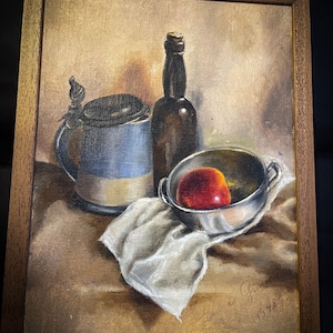 Obra de estudiante pintada en 1998. Pintura al óleo letona de los años 90 de Janina Grinevich. Arte Moderno. Marco de madera fino. Lona de cartón.