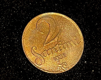 2 Santimi 1932, Antique Brass Coin, Interwar Period, Latvia First Republic, Classic Numismatics Of Independent Latvia, Old Collectible Coin