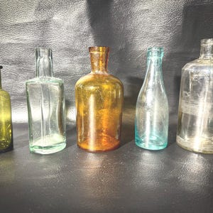 Collection of 5 ANTIQUE medicine or perfume BOTTLES. Vintage glass small Jars. Loft romantic coloured bottles. Collectible GLASS!