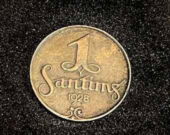 1 Santims 1928, Antique Bronze Coin, Very Fine Condition, Time Patina, Latvian Republic Minting, Rare Collectible Coin, Interwar Numismatic
