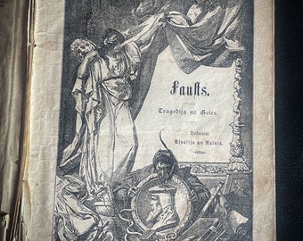 May include: A vintage book cover with a black and white illustration of a woman holding a cloth. The title of the book is "Fausts. Tragedija no Getes." The book is in the public domain.