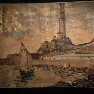 May include: A vintage postcard depicting a seaside town with a tall tower and a sailboat in the foreground. The postcard is faded and has a gold seal with the word "GENES" on it.
