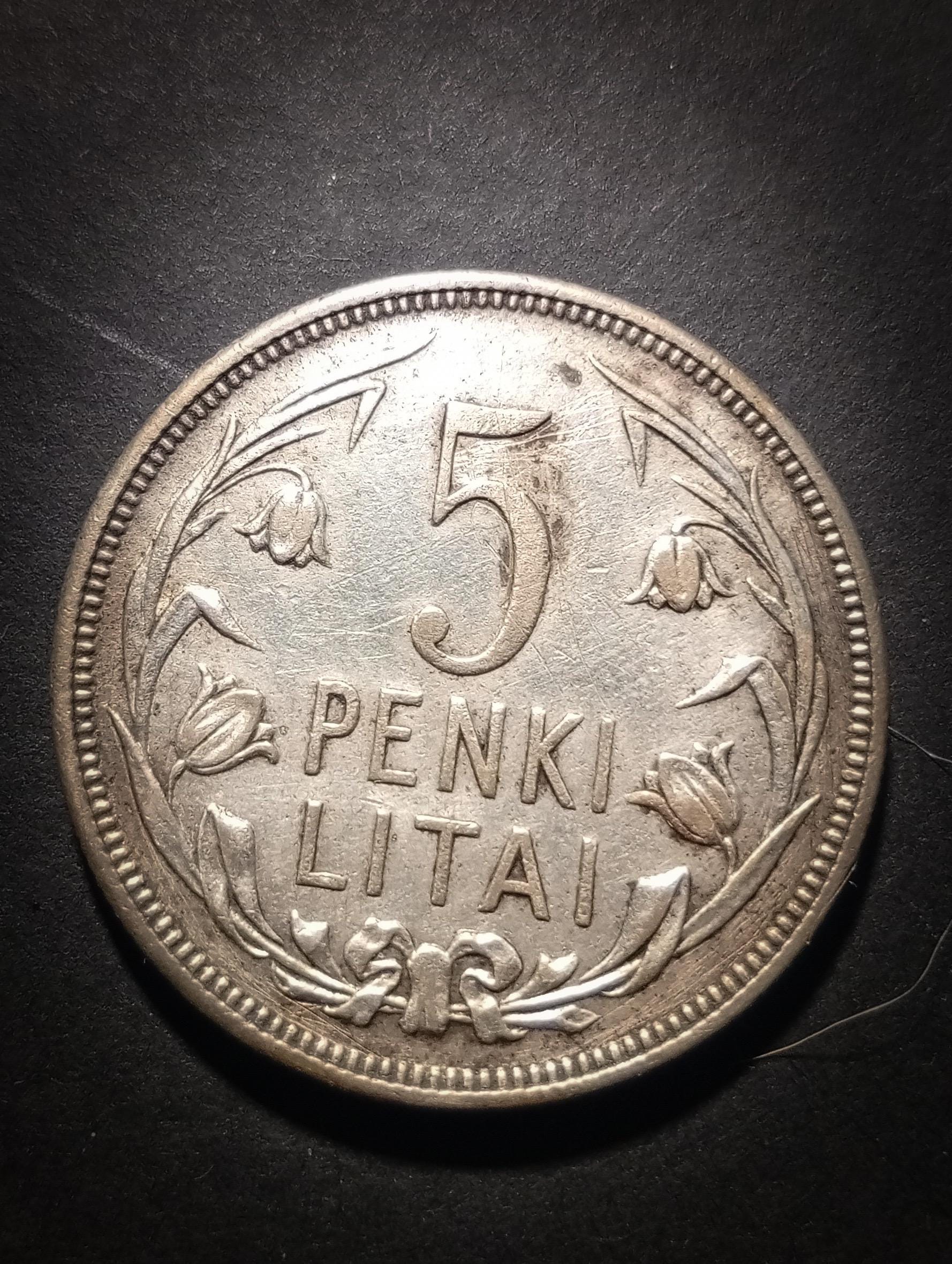 リトアニア 5リタイ 1925年 銀貨、ヴィティス騎士コイン、コレクター