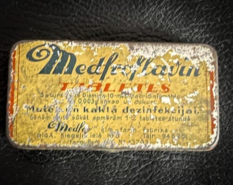 Antique Medicine Tin, Disinfection Tablets, Medical Tin Box, Notions Tin, Pharmacy Cure Tin Can, Apotheca “Medfroflavin”,  Throat Pill Tin