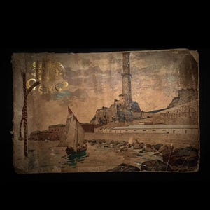 May include: A vintage postcard depicting a coastal scene with a tall tower, a sailboat, and a stone fortress. The postcard is faded and has a gold seal with the word "GENOA" printed on it.