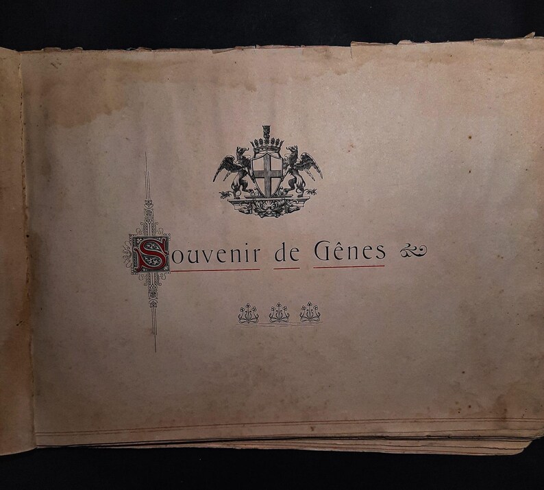 May include: A vintage book cover with a black and white illustration of a coat of arms featuring a cross and two lions. The text "Souvenir de G&ecirc;nes" is printed in red and black.