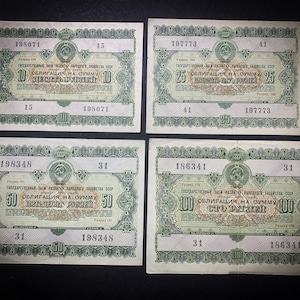 1955 Russland, Obligationen Obligationen. Sammlung seltener Udssr Banknoten. National Economy Restaurierung Bond-Darlehen von 10, 25, 50, 100 Rubel