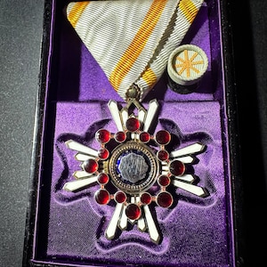 May include: A gold and silver medal with red jewels and a white ribbon in a purple velvet box.