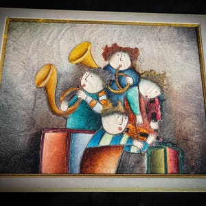 Pintura al óleo original de la orquesta infantil de J Roybal con marco de madera. Músicos de Joyce Roybal pintados sobre lienzo. Decoración coleccionable firmada