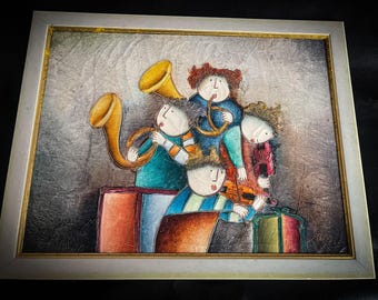 J. Roybal Vintage Painting: Children Playing Flutes, Signed Framed