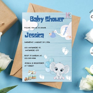 Cigogne Baby Shower Invitation, Baby Boy Shower, Baby Shower Card, Invitations DIY, Invitation modifiable, Gender Reveal, Téléchargement instantané