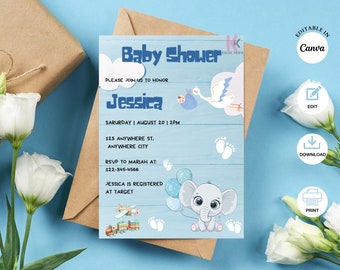 Stork Baby Shower Invitation, Baby Boy Shower, Baby Shower Card, DIY Invitations, Editable Invitation, Gender Reveal, Instant Download