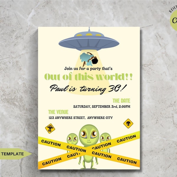 Alien Birthday Party Invitation, Ufo Party, Extra Terrestrial, Area 51, Among Us, Astronaut, Editable, Printable, Instant Download