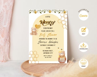 A Little Honey Is On The Way Baby Shower Invitation, Honey Bee, Bee Invitation, Neutral Baby Shower, Gender Reveal, Editable, Printable