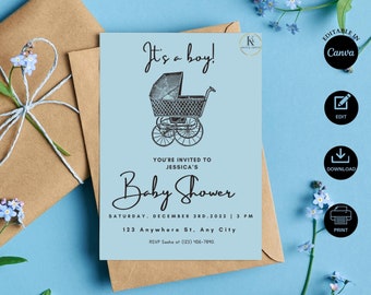 Baby Shower Invitation Template, Baby Carriage, Neutral Baby Shower, Gender Reveal, Sip And See, Shower Invitation, Instant Download