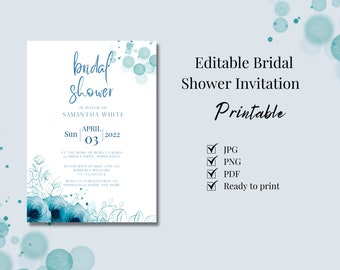 Blue Watercolor Bridal Shower Invitation, Blue Bridal Shower, Dusty Blue, Editable Shower, Instant Download, Printable, Floral