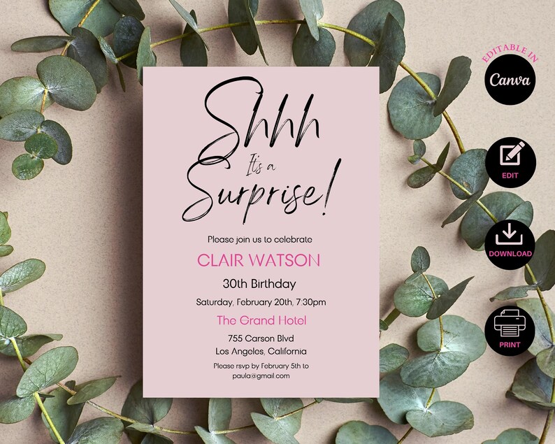 Shhh... its a surprise, birthday party, birthday invitation, 30th birthday, modern invitation, instant download, e-invite, printable invite image 1