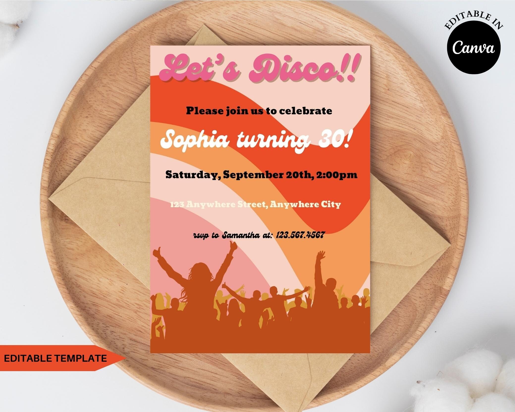 Lets Disco Retro 30th Birthday Party Invitation Template Birthday Invite 70s Themed Adult Disco Party Editable Instant