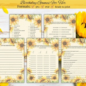 Geburtstagsspiele für sie, Geburtstag für sie, Spiele für sie, Partyspiele, 21., 30., 40., 50., Quizspiele, Printable, Sonnenblume