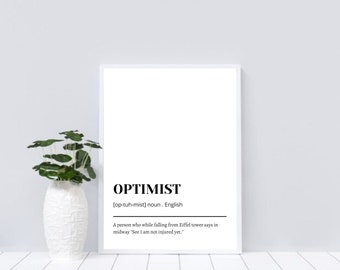 Optimist Funny Definition Wall Art, Definition Art, Living Room Wall Art, Dorm Room Art, Minimalist Art, Black And White Art, Etsy Wall Art