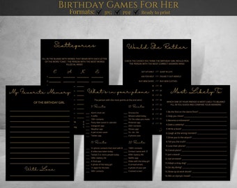 Birthday Party Games For Her, Birthday For Her, Games For Her, Party Games, 21st, 30th, 40th, 50th, Trivia Games, Printable, Black And Gold