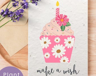 Biglietto d'auguri con fiori selvatici piantabili e busta in carta con semi / Biglietto d'auguri a forma di cupcake per lei / Biglietto ecologico con semi di fiori selvatici