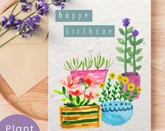 Biglietto d'auguri con semi di fiori selvatici piantabili e busta in carta con semi / Illustrazione di una pianta in vaso / Biglietto ecologico / Regalo per gli amanti delle piante