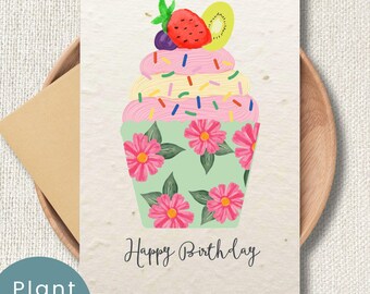 Biglietto d'auguri con fiori selvatici piantabili e busta in carta con semi / Biglietto d'auguri a forma di cupcake per lei / Biglietto ecologico con semi di fiori selvatici