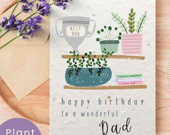Biglietto d'auguri per papà con semi di fiori selvatici da piantare e busta in carta con semi inclusa / Illustrazione di una pianta in vaso / Biglietto ecologico