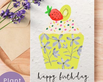 Biglietto d'auguri con fiori selvatici piantabili e busta in carta con semi / Biglietto d'auguri a forma di cupcake per lei / Biglietto ecologico con semi di fiori selvatici
