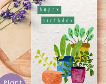Biglietto d'auguri con semi di fiori selvatici piantabili e busta in carta con semi / Illustrazione di una pianta in vaso / Biglietto ecologico / Regalo per gli amanti delle piante