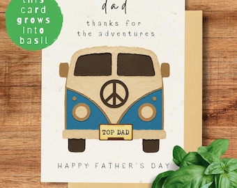 Biglietto di auguri per la festa del papà piantabile, biglietto di carta con semi a forma di camper, biglietto con basilico che cresce, biglietto di auguri ecologico per la festa del papà, papà avventuroso