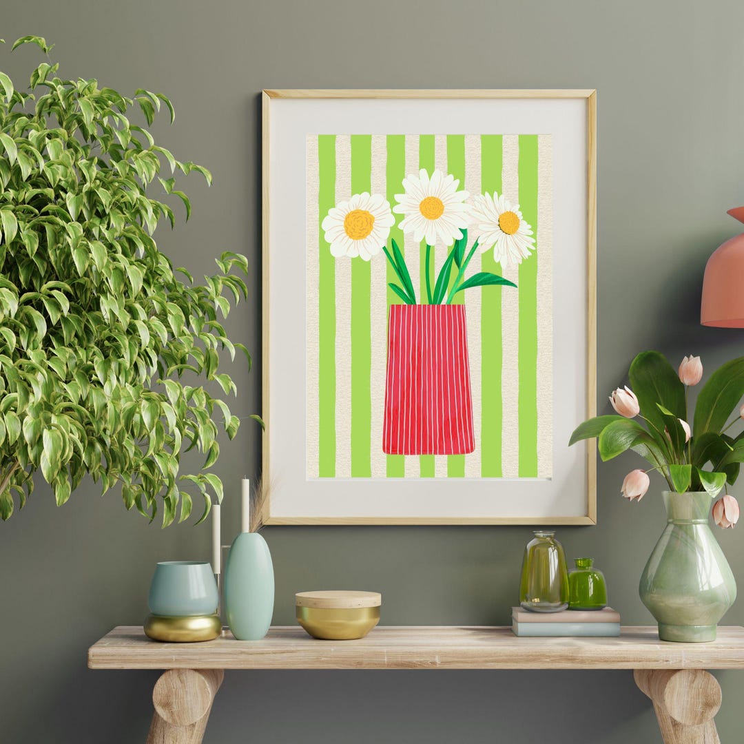Daisies in Vase Print, Hand Painted Floral Stripes Wall Art - Etsy