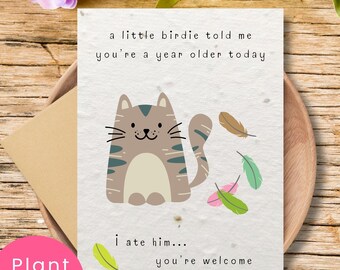 Biglietto d'auguri divertente con gatto, piantabile, ecologico, con semi, biglietto d'auguri con gatto carino, che si trasforma in fiori selvatici