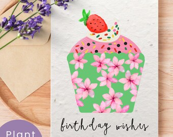 Biglietto d'auguri con fiori selvatici piantabili e busta in carta con semi / Biglietto d'auguri a forma di cupcake per lei / Biglietto ecologico con semi di fiori selvatici
