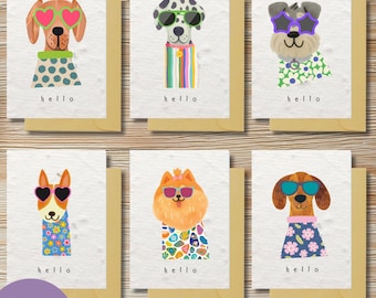 Set di 6 biglietti di auguri per cani piantabili, biglietti di auguri ecologici con semi, biglietti di auguri "Ciao", articoli di cancelleria sostenibili, regalo per amanti dei cani, biglietti con fiori selvatici