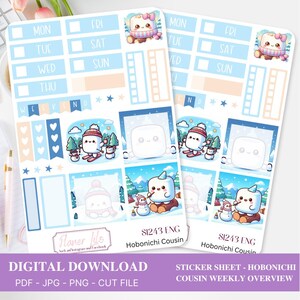 Könnte beinhalten: Zwei Stickerbögen mit Winterthema. Jedes Blatt zeigt wöchentliche Planerelemente mit blauen und pfirsichfarbenen Akzenten sowie niedliche Marshmallow-Charaktere in Winterszenen. Text enthält "DIGITALER DOWNLOAD" und "STICKER SHEET - HOBONICHI COUSIN WEEKLY OVERVIEW".