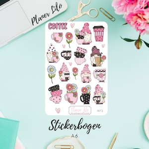 May include: A sheet of stickers featuring gnomes holding coffee cups and mugs. The stickers are on a white background with pink and black accents. The text "Coffee" is at the top of the sheet. The text "Planner Lilo" is at the top left corner of the sheet. The text "Stickerbogen A6" is at the bottom of the sheet.