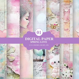 Könnte beinhalten: Digitales Papierpaket mit dem Titel "Spring Love" mit einer Vielzahl von Aquarelldesigns. Die Designs umfassen Illustrationen eines Mädchenprofils, eines gelben Vogels, Herzen, Schmetterlingen und floralen Elementen. Die Farbpalette ist weich, mit Rosa, Blau und Weiß. Jedes Blatt misst 30.48 x 30.48 cm.