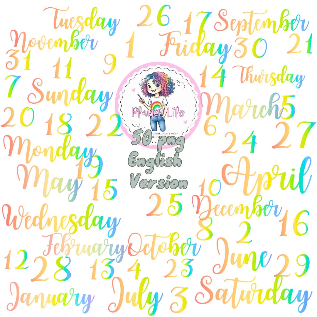 Weekdays Routine Font Transparent Clipart Set Rainbow Font Months Weekdays Numbers English DIGITAL ...