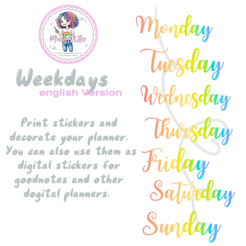 Weekdays Routine Font Transparent Clipart Set Rainbow Font Months Weekdays Numbers English DIGITAL ...