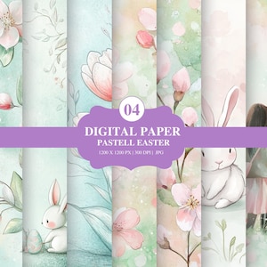 Könnte beinhalten: Digitales Papier-Set mit Pastell-Oster-Thema. Das Bild zeigt Aquarell-Illustrationen von Hasen, Blumen und Mädchen. Der Text "04 DIGITAL PAPER PASTELL EASTER" wird auf einem lila Banner angezeigt. Das Papier ist 1200 x 1200 px groß.