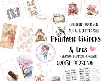 May include: Printable dividers and tabs for a personal planner. The dividers feature a variety of designs, including a bunny rabbit, a house, a rainbow, a gnome, a tree, and a stack of books. The tabs are blank and can be used to label different sections of the planner. The text on the image reads "Printable Dividers & Tabs (BLANKO - DEUTSCH - ENGLISH) GRÖBE: PERSONAL".