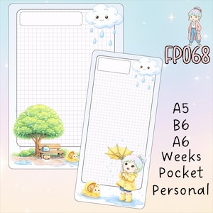 Rainy Day Fullpage Sticker | Spring Rain Dashboard | Insert for A5, Personal, Weeks | Cute Yellow Raincoat & Snail , Matte Deco